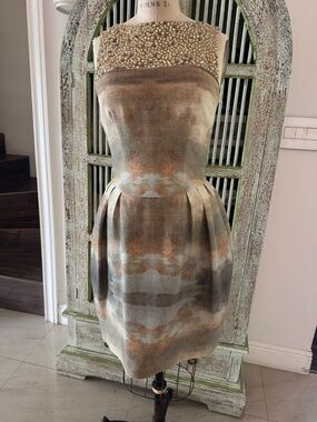 H&M Beaded Neckline Mini Dress in Taupe, Copper & Gray Watercolor